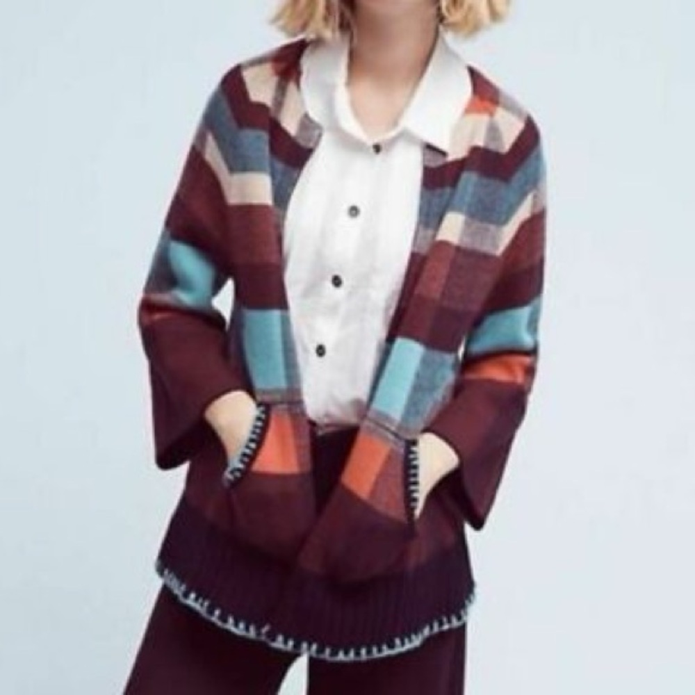 Anthropologie HWR Monogram Plaid Wool Zip Cardigan Embroidered Trim XSmall